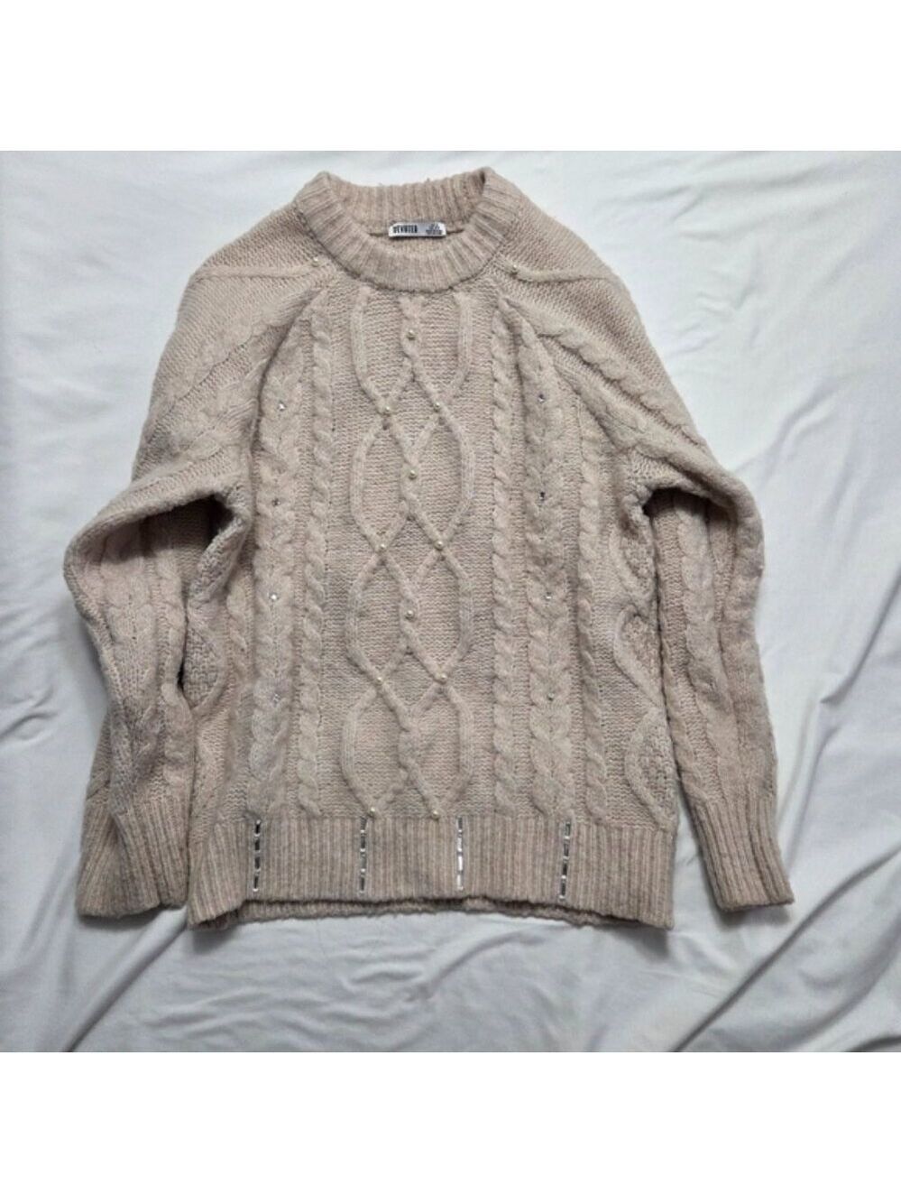 Devoted Cable Knit Sweater Creme With Faux Pearl Rhinestone Embellished Small
